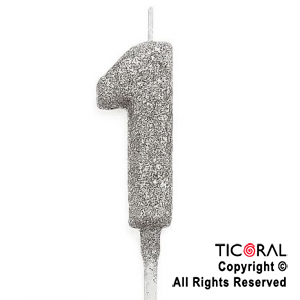 VELA NUMERAL CHICO 5.5 CM CON GIBRE PLATA NUMERO 1 x 1